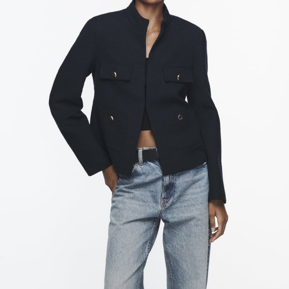 Zara Textured High Collar Blazer navy Blue Size M NWT